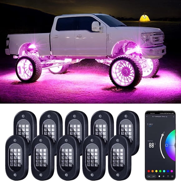 MesaSe 10 Pods RGB LED Rock Light TSV RGB LED Neon Lights Kit with Remote Control Music Mode Waterproof Multi-Color LED Off-Road Lights for Car ATV UTV SUV Truck