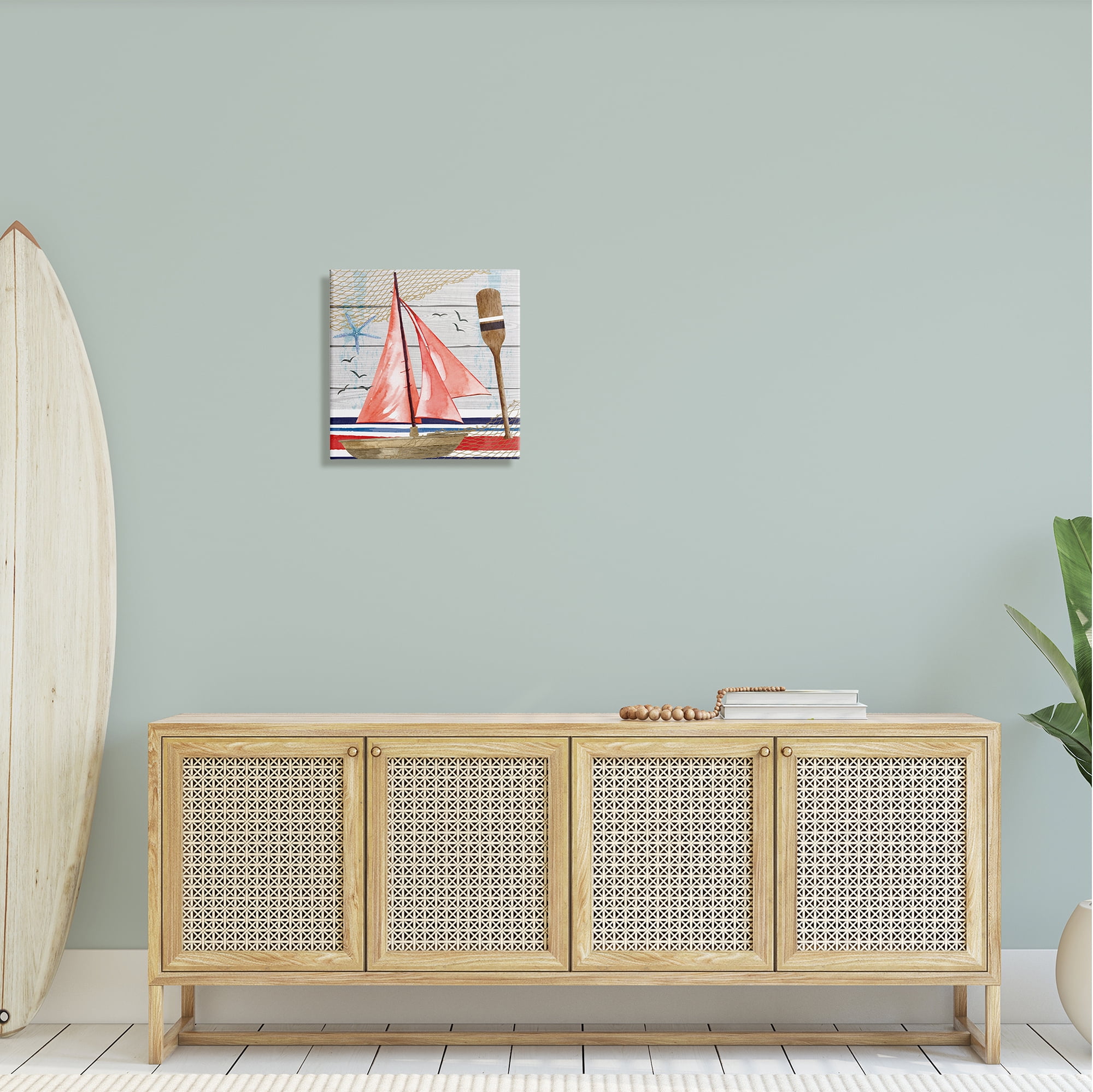 Stupell Coastal Plank Pattern Sailboat Landscape Painting Gallery Wrapped Canvas Print Wall Art