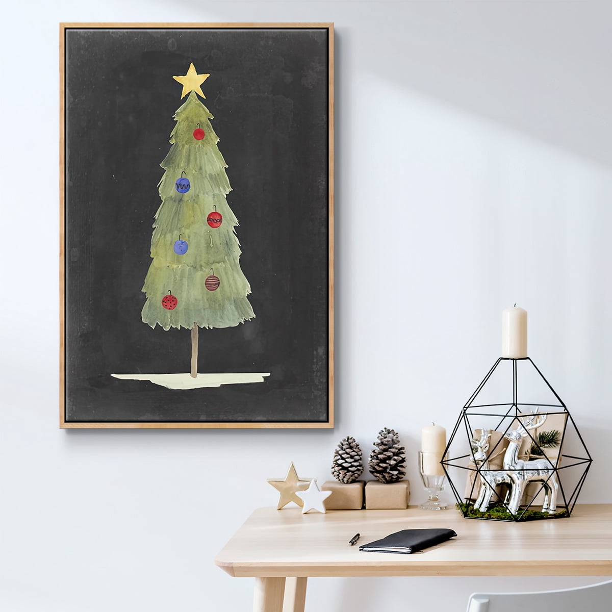 Christmas Glow II - Framed Gallery Wrapped Holiday Canvas - 27 x 41 - Natural Wood Frame