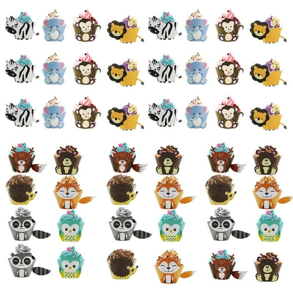 SHELLTON Animal Cupcake Wrappers Toppers(48Pack), Little Dino Cupcake Toppers Cake Table Decorations Party Supplies for Boys Kids Birthday Party Decor Favors