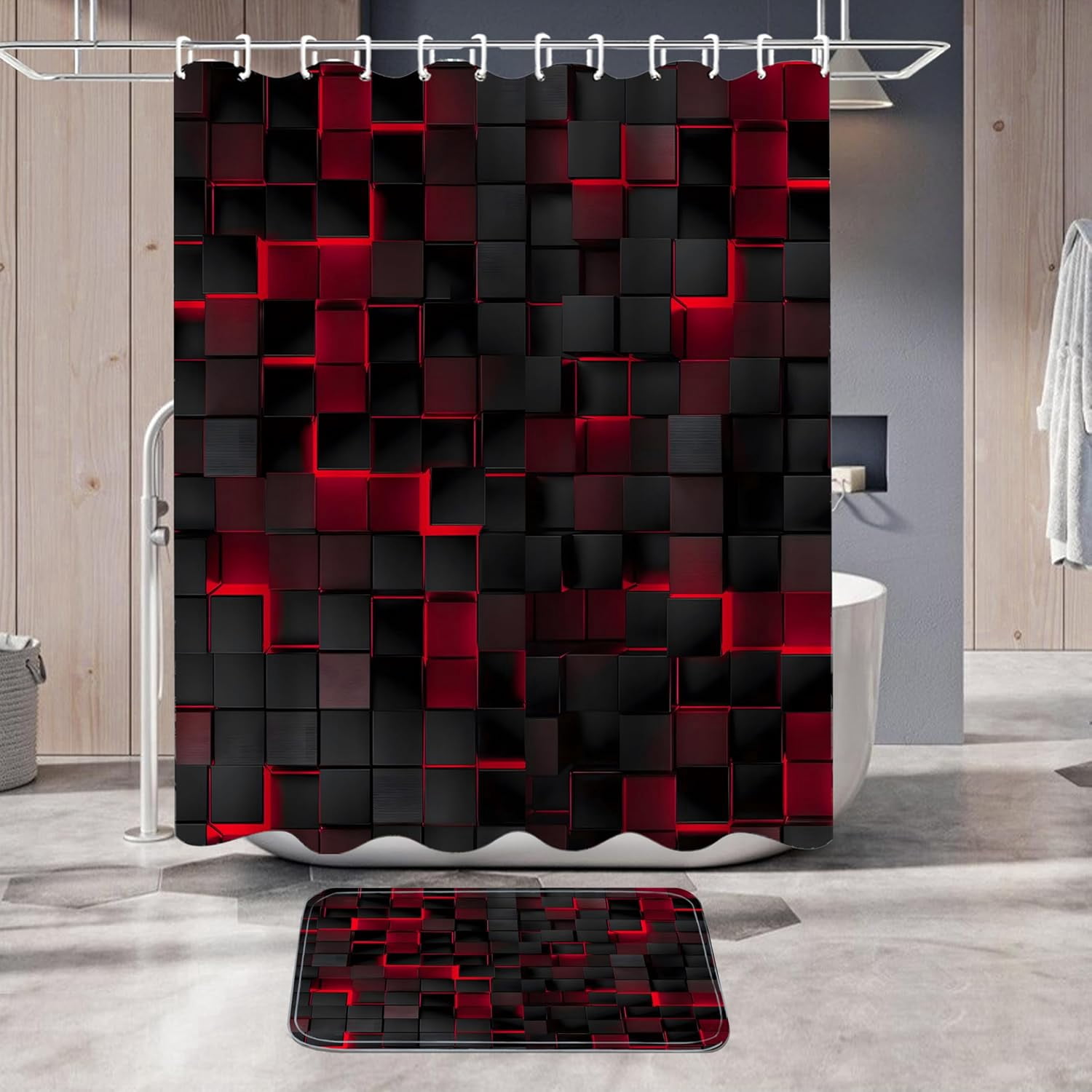 4Pcs Shower Curtain Set Black 3D Cubes Shower Curtain Set Modern Bathroom Sets with Shower Curtain and Rugs Red Shower Curtain with 12 Hooks