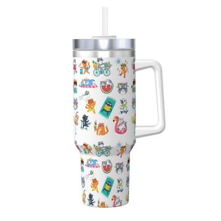 

Zeuib Hello Summer Cat Printed Insulated Stainless Steel Hot/Cold Coffee Cup 40oz Ice Bully With Handle Tumbler with Straw and Handle Insulated Water Bottle Travel Mug Cup