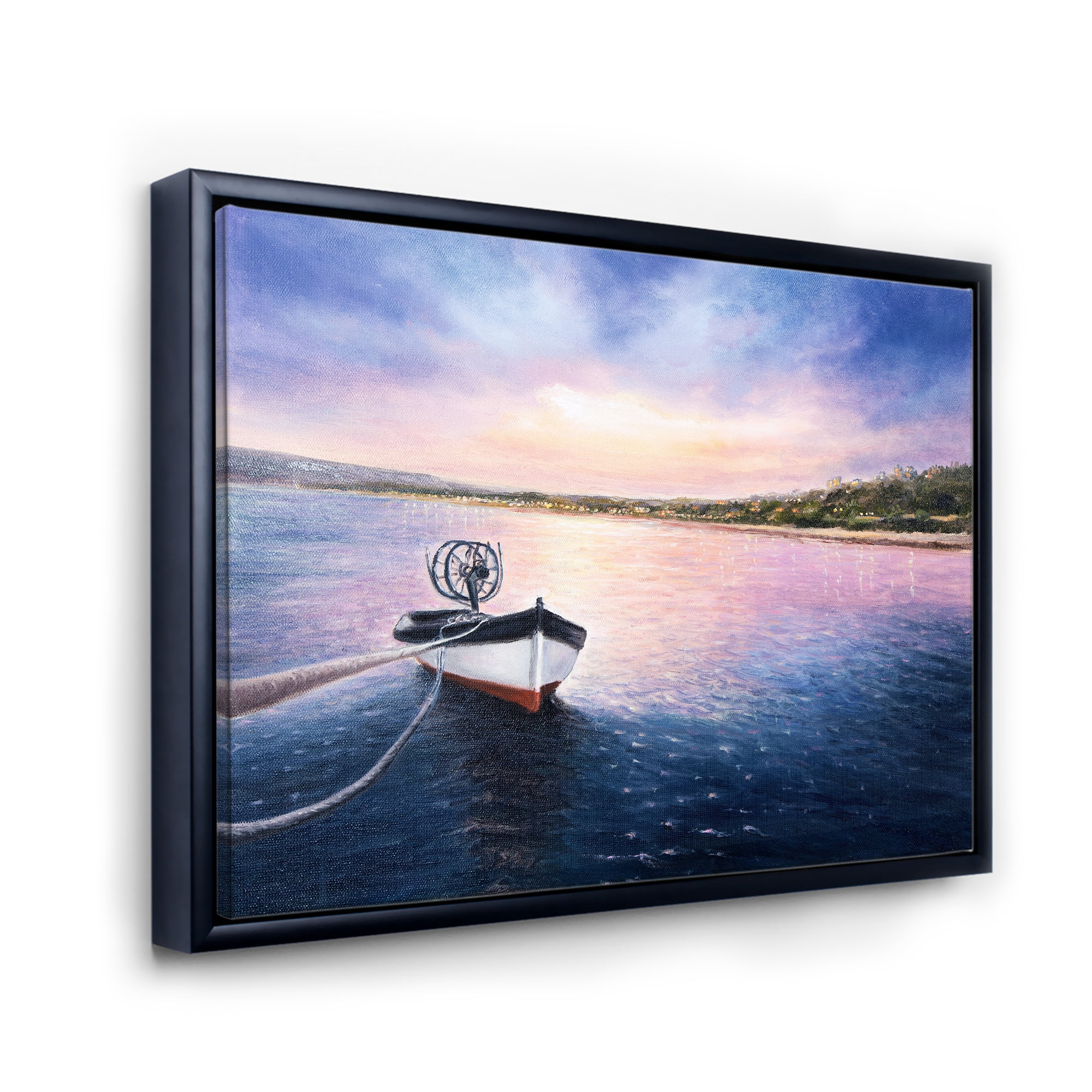Designart 'VIbrant Sunset Over Fishing Boat By The Shore' Lake House Framed Canvas Wall Art Print