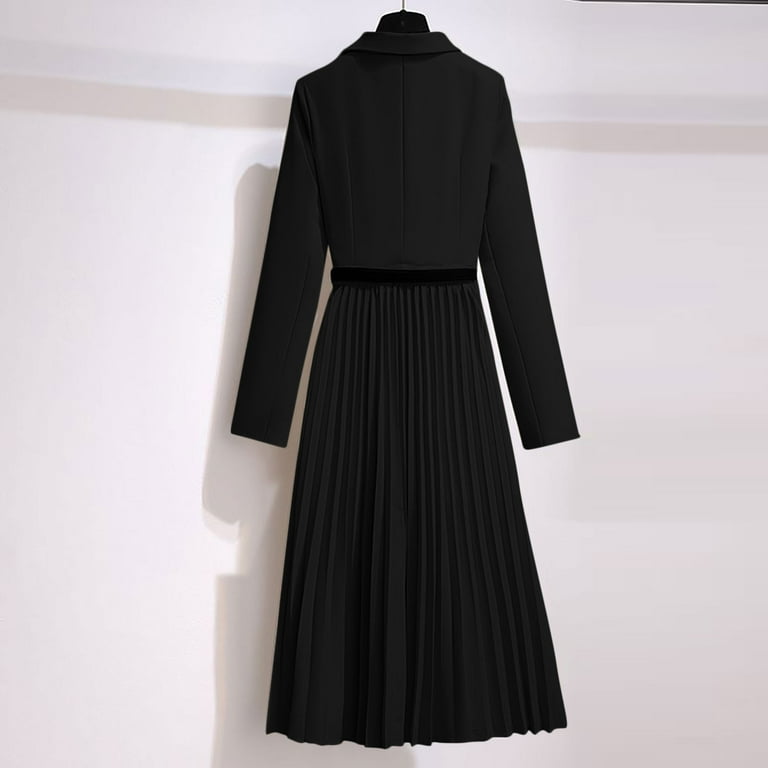 Jggspwm Women's Elegant Dressy Solid Color Long Sleeve Lapel Belt Pressed Pleated Hem False Two Piece Suit Dresses Black XL