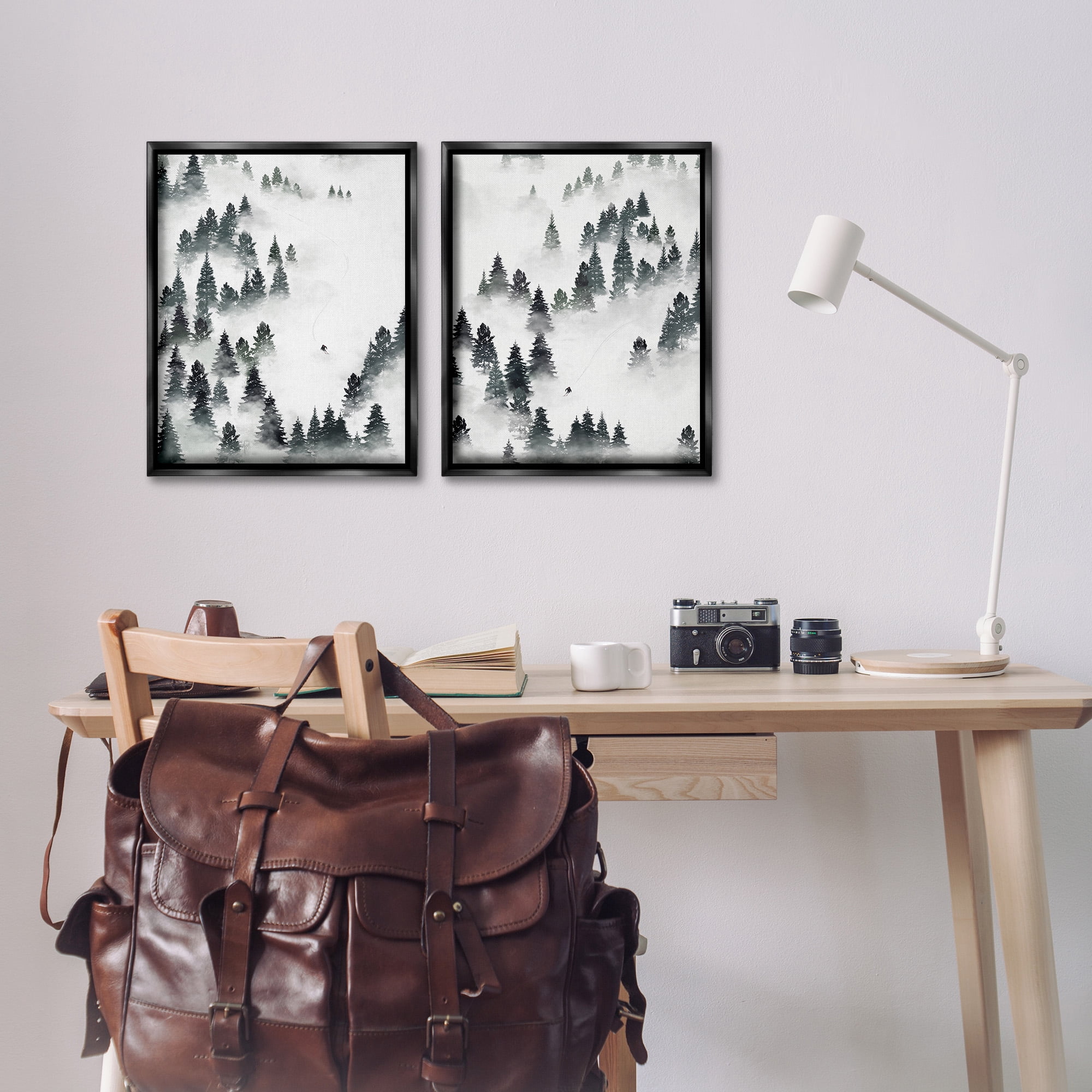Stupell Industries Winter Ski Slopes Mountain Landscape Painting Black Floater Framed Canvas Art Print Wall Art, 17 x 21, Set of 2