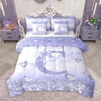 Homewish Purple Sequin Print C Bedding Comforter Set 7pcs for Kids, Romantic Diamond Love Heart King Bedding Sets, Fashion Mabrling Abstract Reversible Bed Sheets, Super Cozy Room Decor