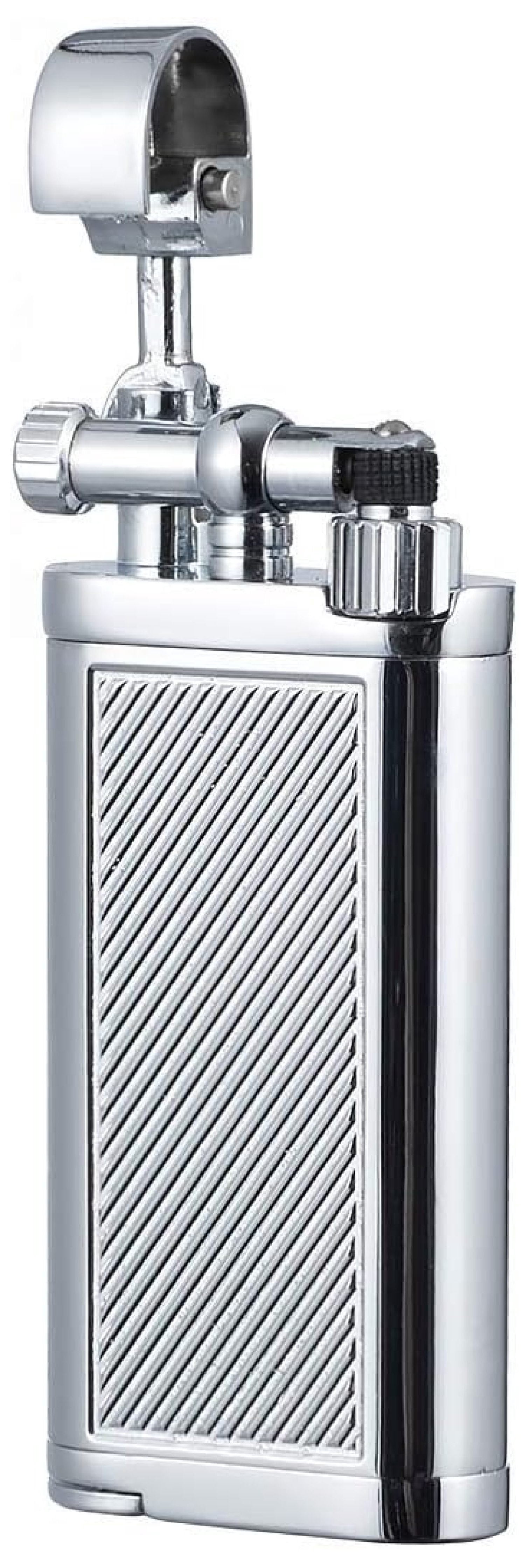 Angled Soft Flame Antique Lift Arm Butane Refillable Lighter with Tamper & Pick (Chrome)