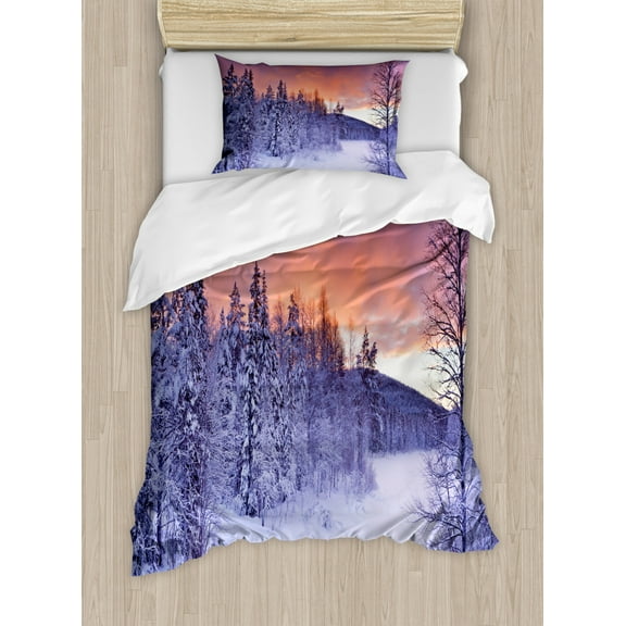 Winter Twin Size Duvet Cover Set, Frozen River in a Wintry Landscape Finnish Lapland at Sunrise Arctic Nordic Country, Decorative 2 Piece Bedding Set with 1 Pillow Sham, Multicolor, by Ambesonne