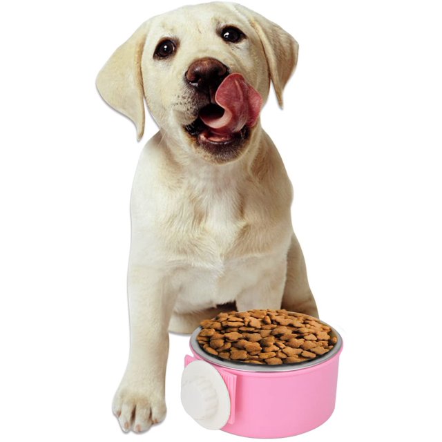 Cuenco de comida para perros y gatos de acero inoxidable, comedero para mascotas 2 en 1, cuenco colgante, soporte de jaula para mascotas pequeñas, perros, gatos, conejos, pájaros (rosa) LingWen 8390613731760