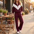 thumbnail image 7 of Szluipve Women’s Color Block Tracksuit 2 Piece Outfits Half Zip Stand Collar Chevron Patchwork Sweatshirt & Side Stripe Wide Leg Pants Casual Loungewear Set Wine M, 7 of 7