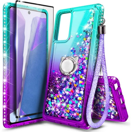 Nagebee Case for Samsung Galaxy A03S with Tempered Glass Screen Protector (Full Coverage), Sparkle Glitter Liquid Bling Diamond [Ring Holder & Wrist Strap] Women Girls Cute Case (Aqua/Purple)