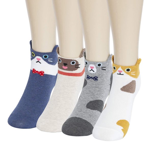 KONY Women's 4 Pack Cotton Cute Animal Designed Funny Novelty Cat Socks, Gift Idea For Teen Girls Size 6-9 (Ankle Cats - 4 Pairs)