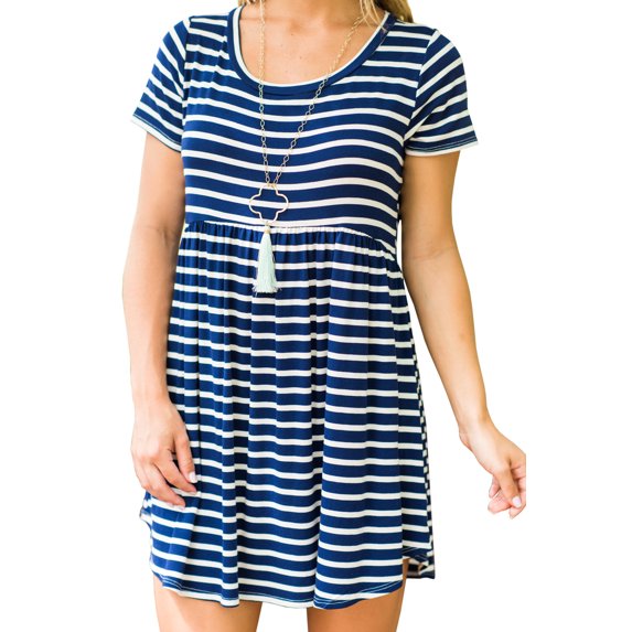 High Waist Striped Print Short Sleeve Casual Mini Dress