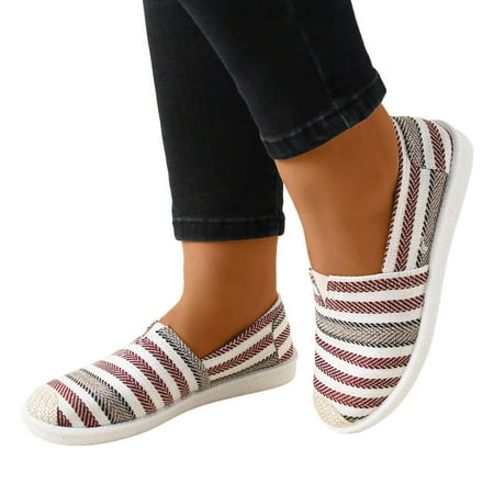 

Mackneog Women Shallow Mouth Simple Single Shoes Casual Shoes Work Shoes Canvas Colorblock Striped Pattern Slip On Shoes Gift on Clearance