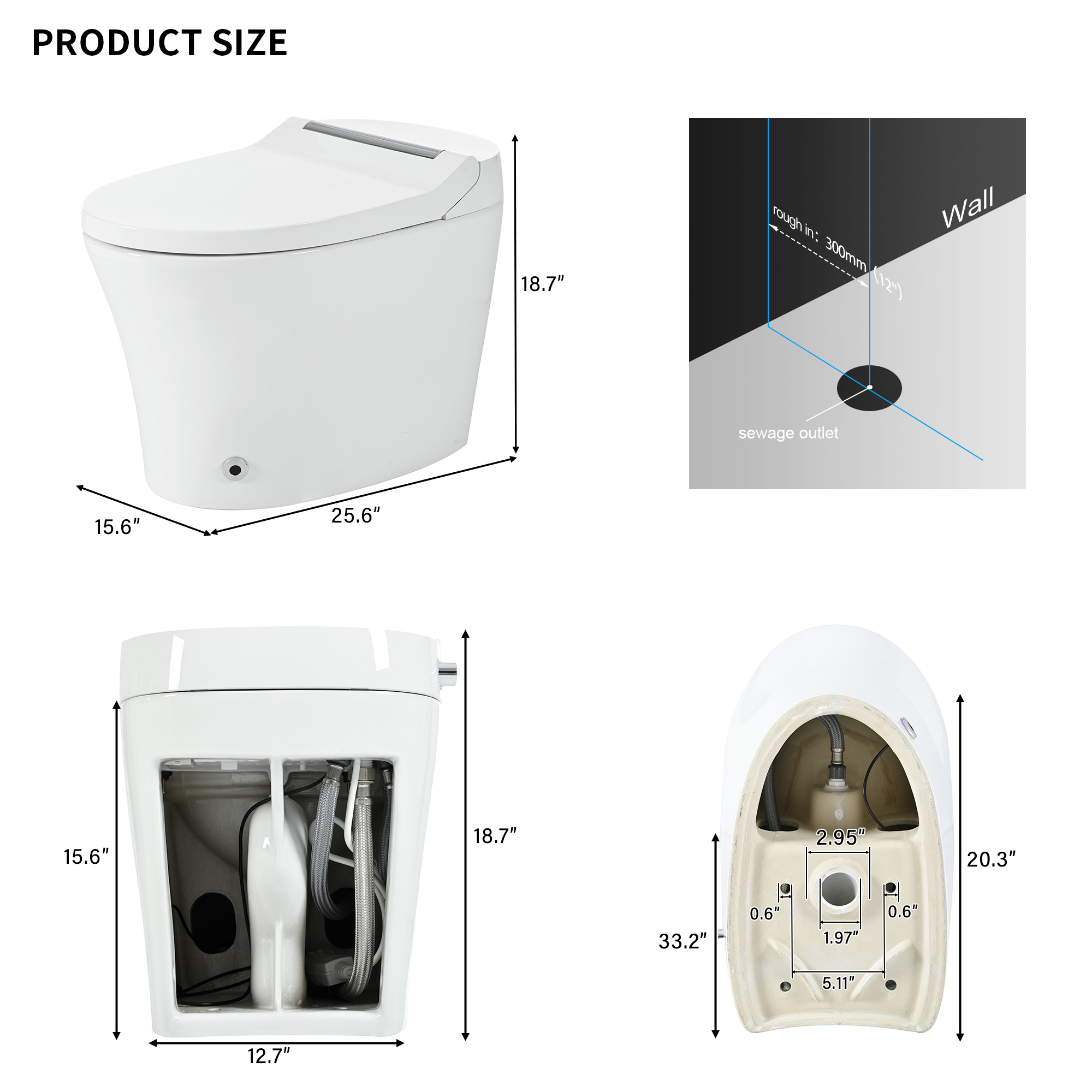 Alvantor Smart toilet with Built-in Heated Seat, Elongated Toilet with Auto Flush, Foot sensor Flush, Night Light White