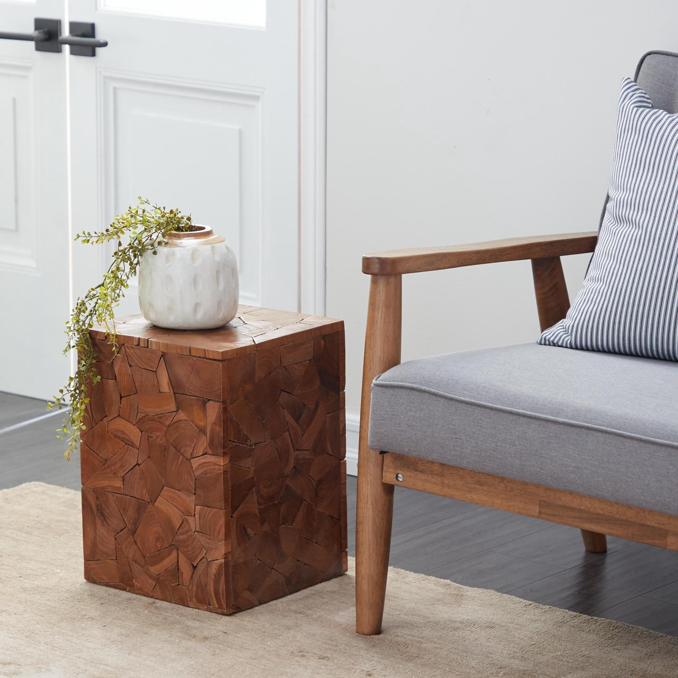 DecMode 12" x 16" Brown Teak Wood Handmade Square Block Accent Table with Mosaic Wood Chip Design, 1-Piece