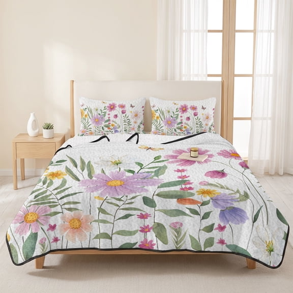 3 Pieces Queen Quilt Set,Farmhouse Floral Butterfly Soft Bedding Sets with 1 Quilt & 2 Pillow Shams,Wild Flowers Green Plants Summer Bedspread Lightweight Coverlet Comforter for All Season