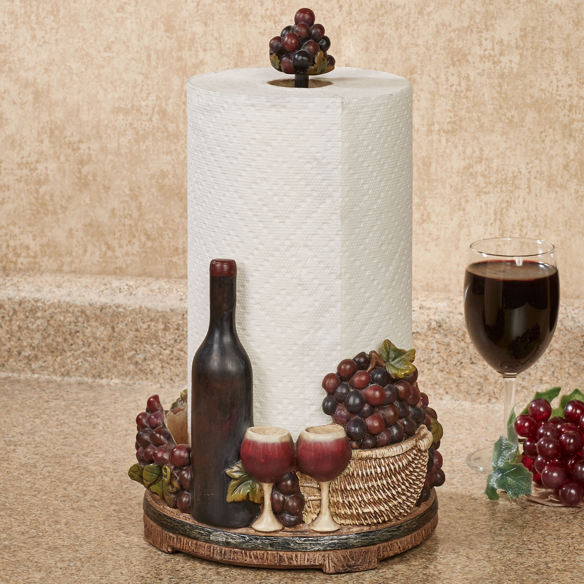 Wine Picnic Paper Towel Holder Purple and Brown Tones 8”dia.x14.5”H