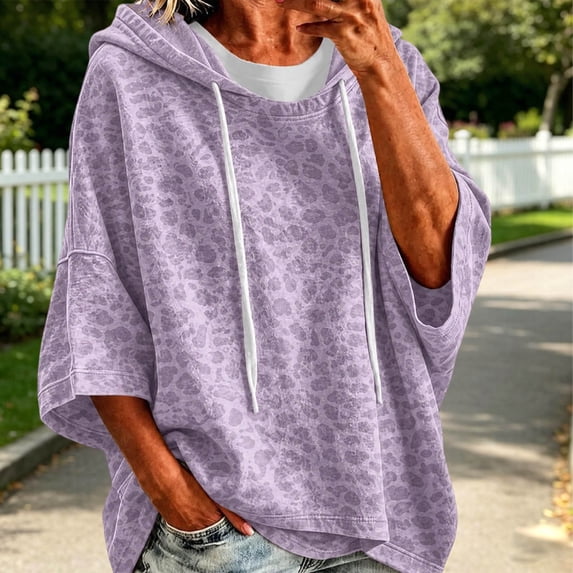 Norvella Cheetah Print Hoodies For Womens Leopard Print Oversized Poncho 3/4 Sleeve Hooded Sweatshirt Kangaroo Pocket Loose Fit Pullover Top