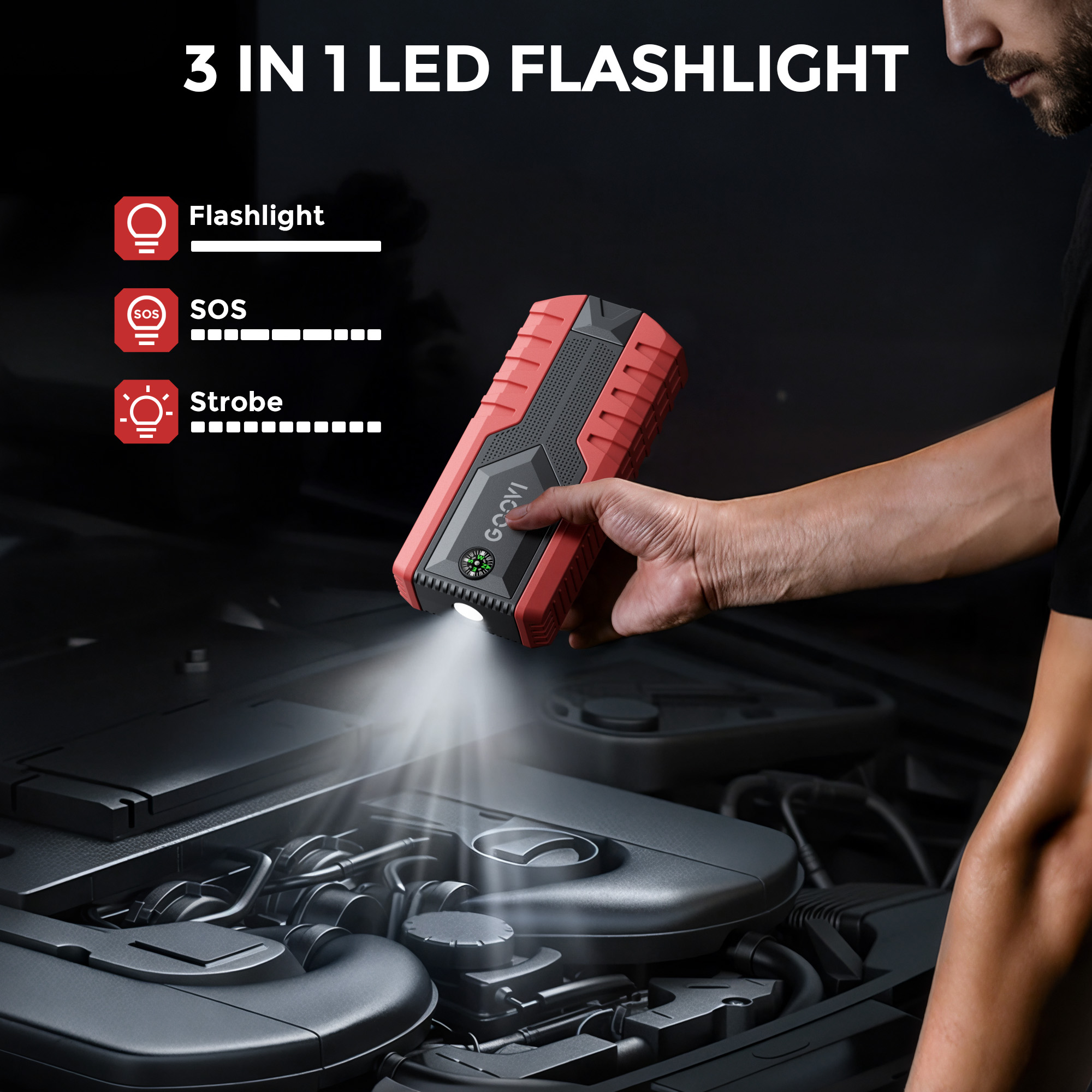 GOOVI Car Jump Starter 2000A Peak 12V Battery Jump Box Portable Battery Booster with LED Light USB Quick Charge