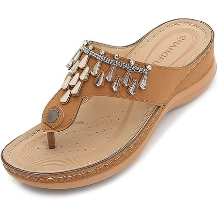 

Casual Wedges Slide Sandals for Women T Strap Flip Flops Sandals Summer Rhinestone Slippers