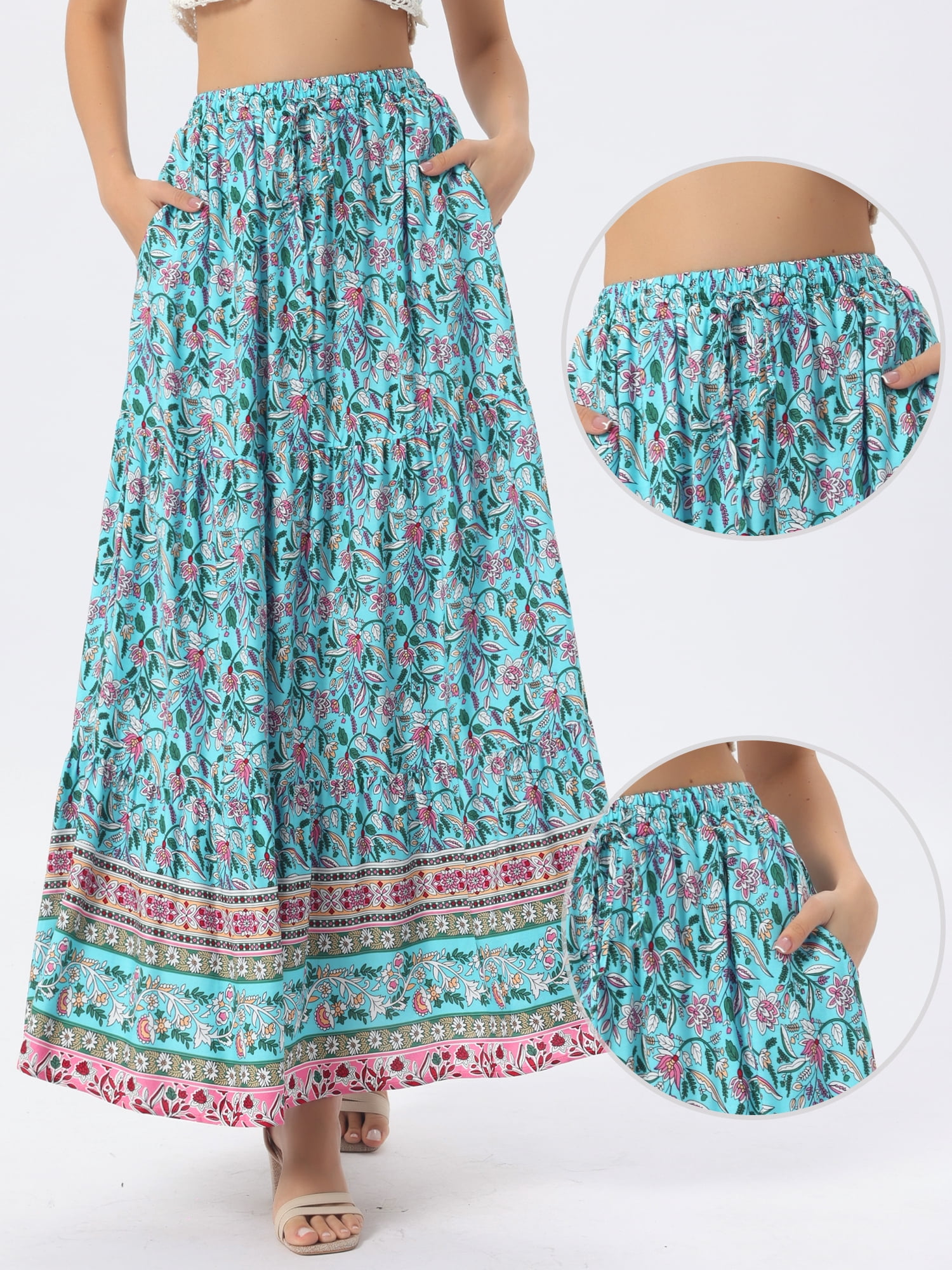 DARING DIVA Women's Boho Flare Floral Skirt Medium Turquoise Blue