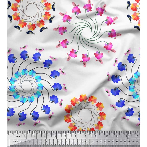 Soimoi Viscose Chiffon Fabric Floral & Birds Clip Art Decor Fabric Printed Yard 42 Inch Wide