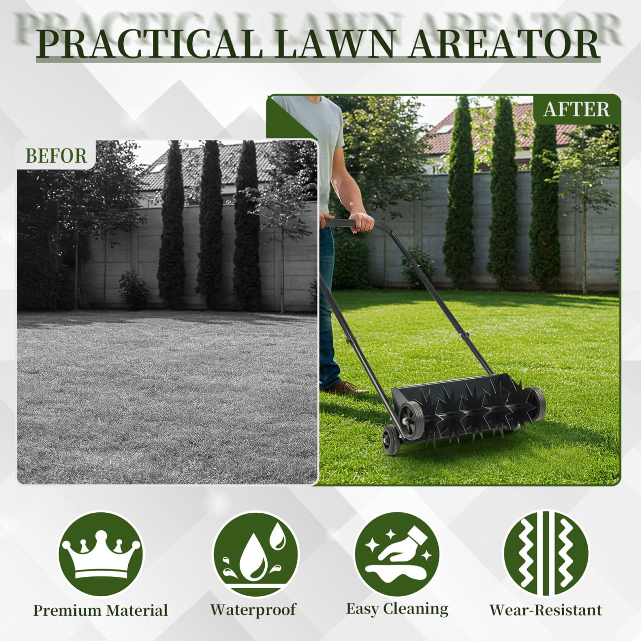 19-Inch Push Spike Aerator, Heavy Duty Rolling Lawn Aerator, Rotary Spike Lawn Aerator, Manual Aeration Equipment with U-shaped Steel Handle, Suitable for Lawns, Garden, and Yard Grass Aeration, Black