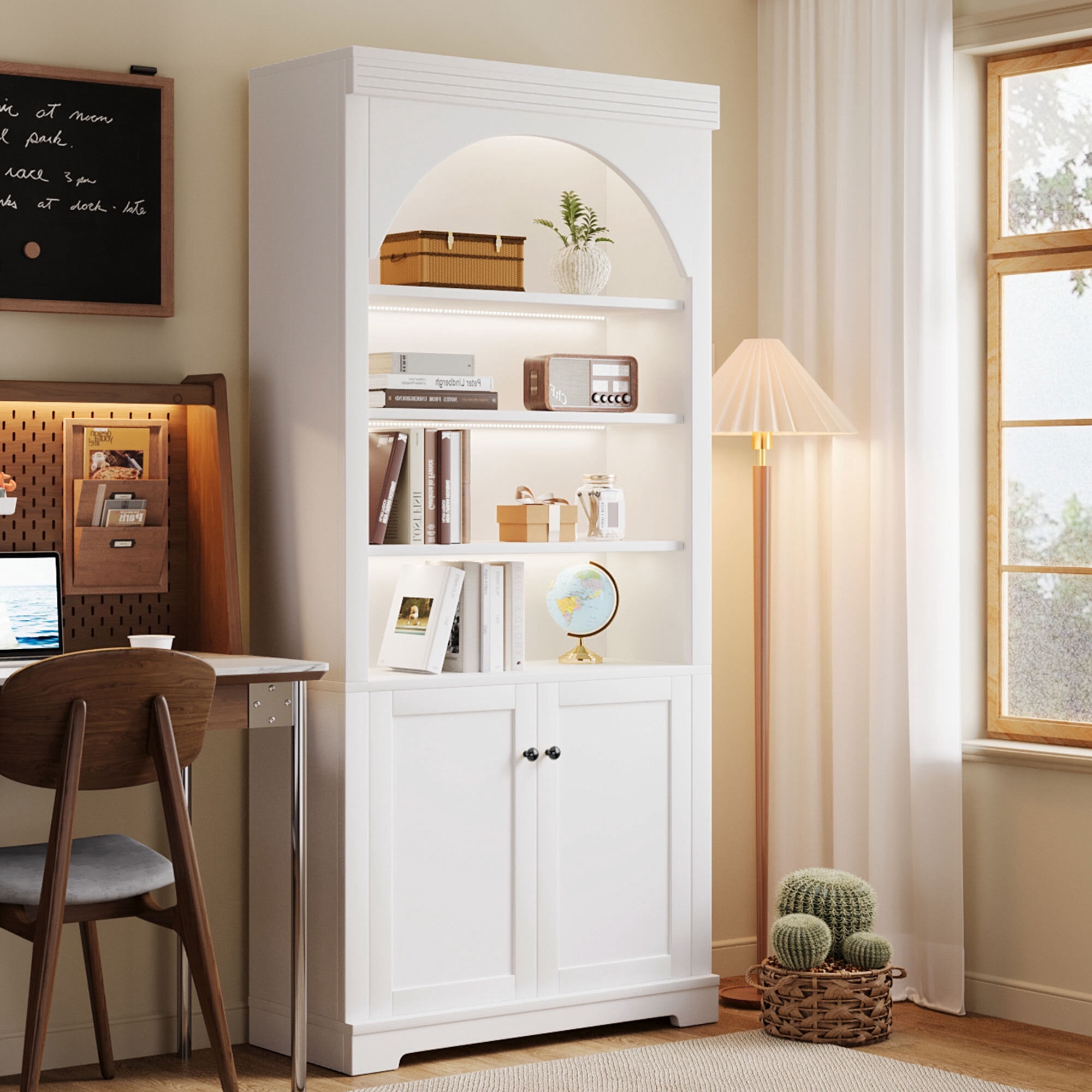 Euroco 70.8" Tall Bookcase with Doors,Mid-Century Modern 6-Tier Bookshelf with Storage,LED Lights & Adjustable Shelves,Display Shelf for Living Room,Kitchen,Home Office,White