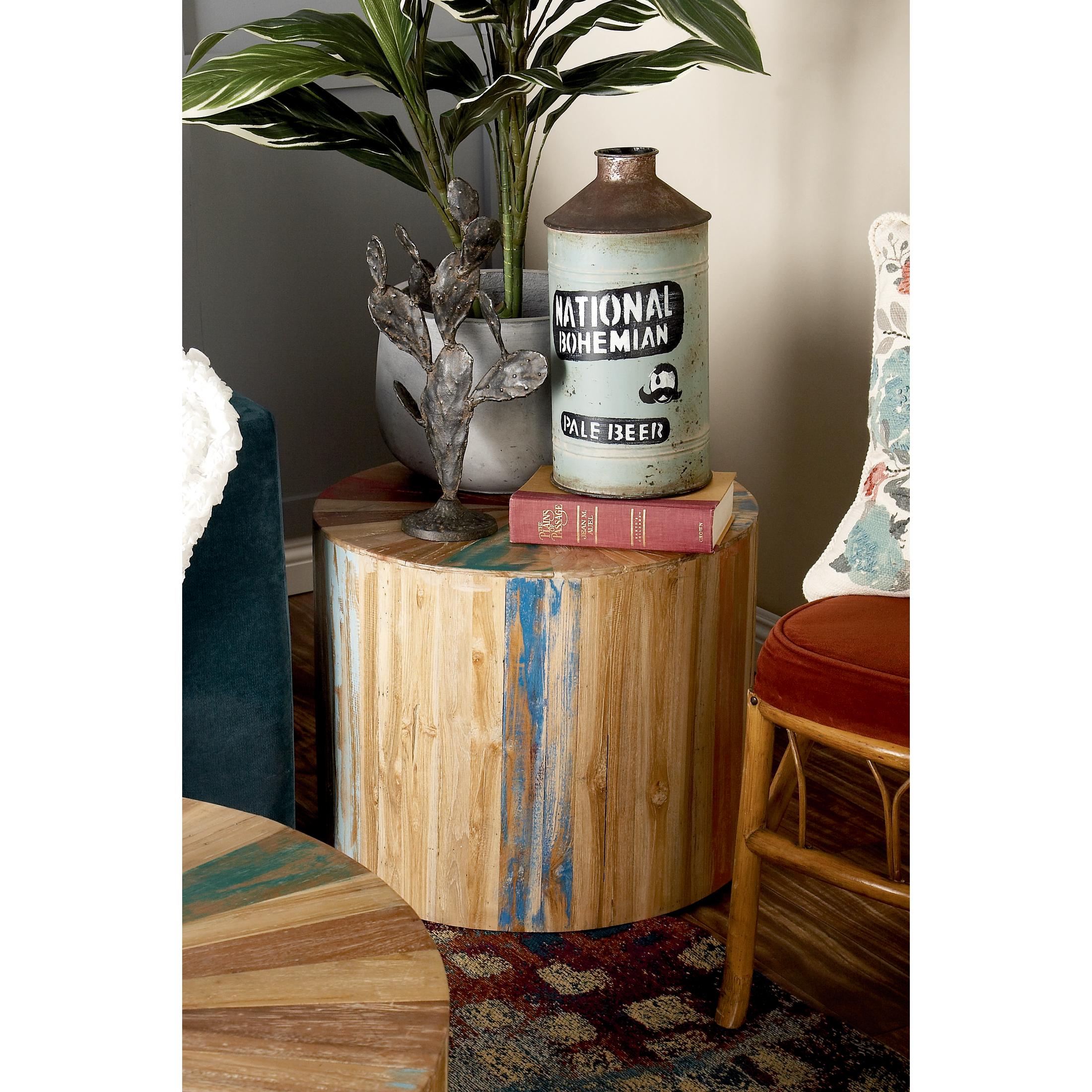 DecMode 22" x 18" Brown Reclaimed Wood Handmade Pinwheel Drum Starburst Accent Table with Colorful Painted Accents, 1-Piece