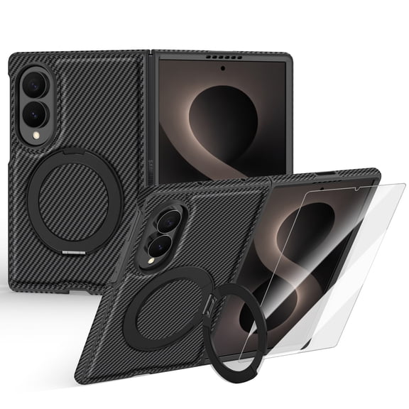 Dteck Magnetic Rotating Ring Holder Stand Case for Samsung Galaxy Z Fold 8 with Screen Protector, Shockproof Carbon Fiber Pattern PU Leather Compatible with Mag Safe Accessory PC Cover, Black