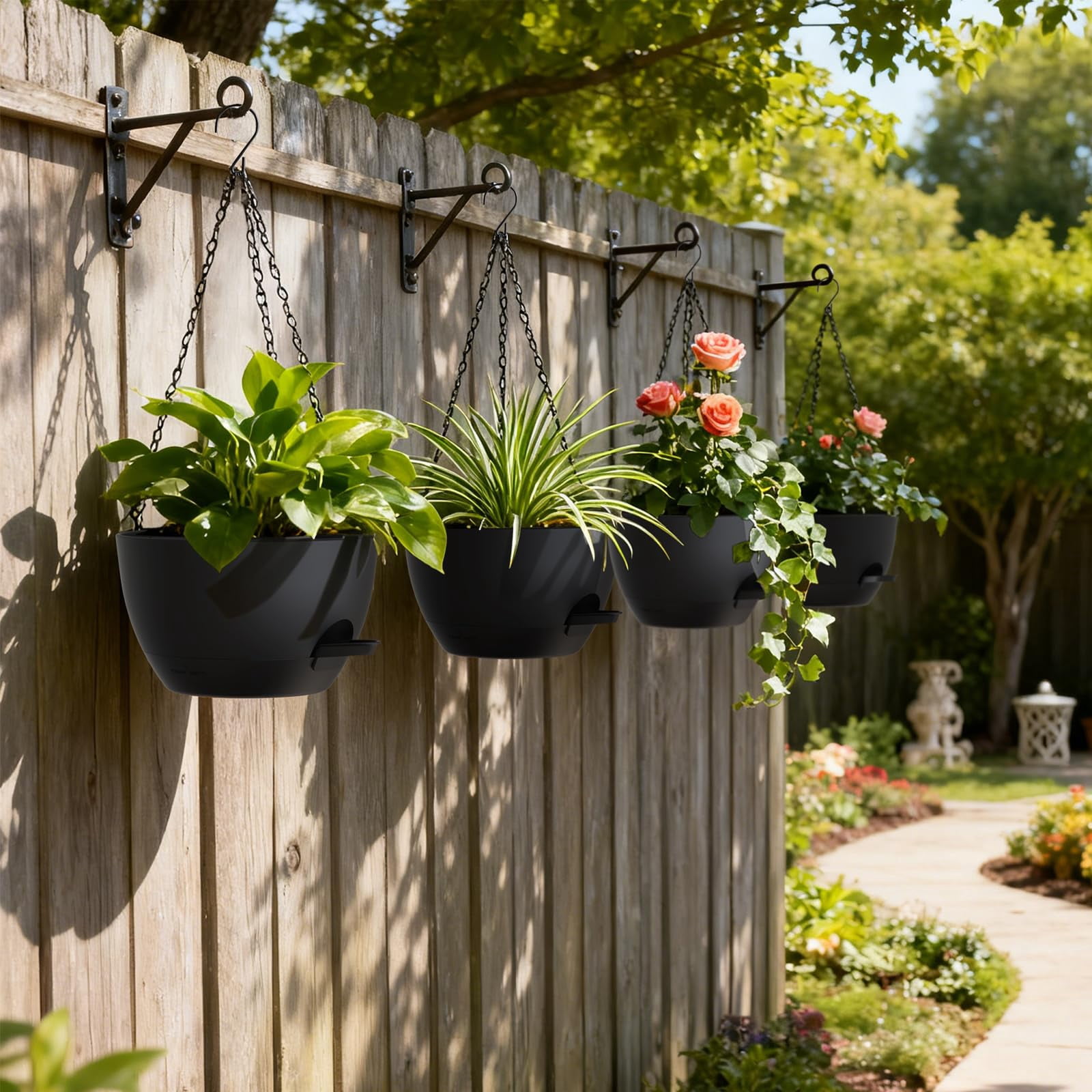 4 Pack 8 Inch Self Watering Hanging Planters For Indoor Outdoor Plants Pots With Drainage Removable Tray  Baskets Flower Ivy Pothos Garden Porch Black