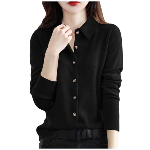 Giftesty Women's Solid Color Button Collar Long Sleeve Casual Fashion Soft Knit Sweater for Daily Wear