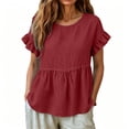 thumbnail image 6 of hoksml Women's Cotton Linen Ruffle Sleeve Peplum Blouse, Round Neck Casual Babydoll Top, Loose Fit Summer Daily Office Wear Shirt, 6 of 7