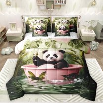 Feelyou Kawaii Jungle Panda Bedding Comforter Set 7pcs, Happy Holiday Party Queen Bedding Sets, Cartoon Animal Lover Reversible Queen Sheet Sets, Luxury Bedroom Decor