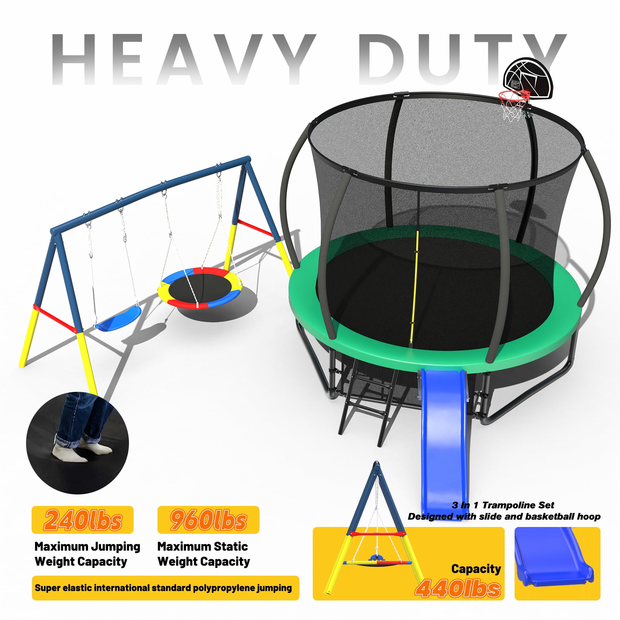 Mersco 10FT Heavy Duty Trampoline with Enclosure Net ,Slide ,Swing Set Outdoor Trampoline for Backyard,Kids Trampoline with Basketball Hoop,Birthday and Holiday Gifts for Kids,Green