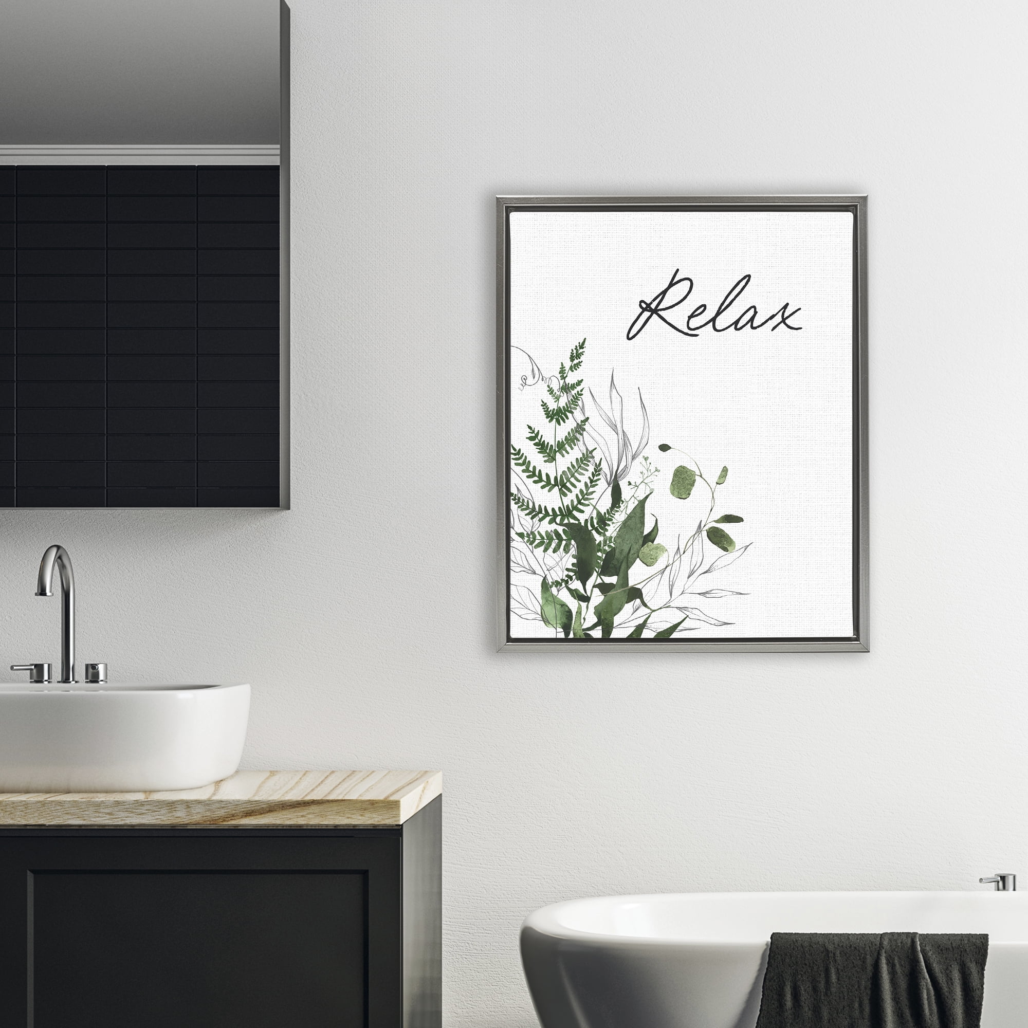 Relax Ferns & Botanicals Gray Framed Floater Canvas Wall Art, design by Lettered and Lined