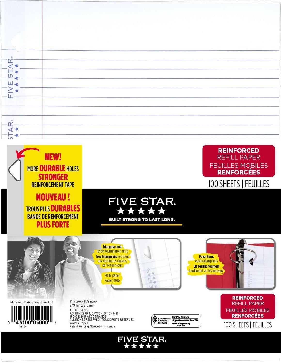 Feuilles mobiles renforcées Five Star S’insèrent dans une reliure à 3 anneaux standard