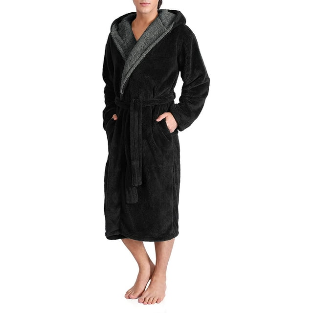Men's Hooded Fleece Plush Soft Shu Velveteen Robe Full Length Long Bathrobe