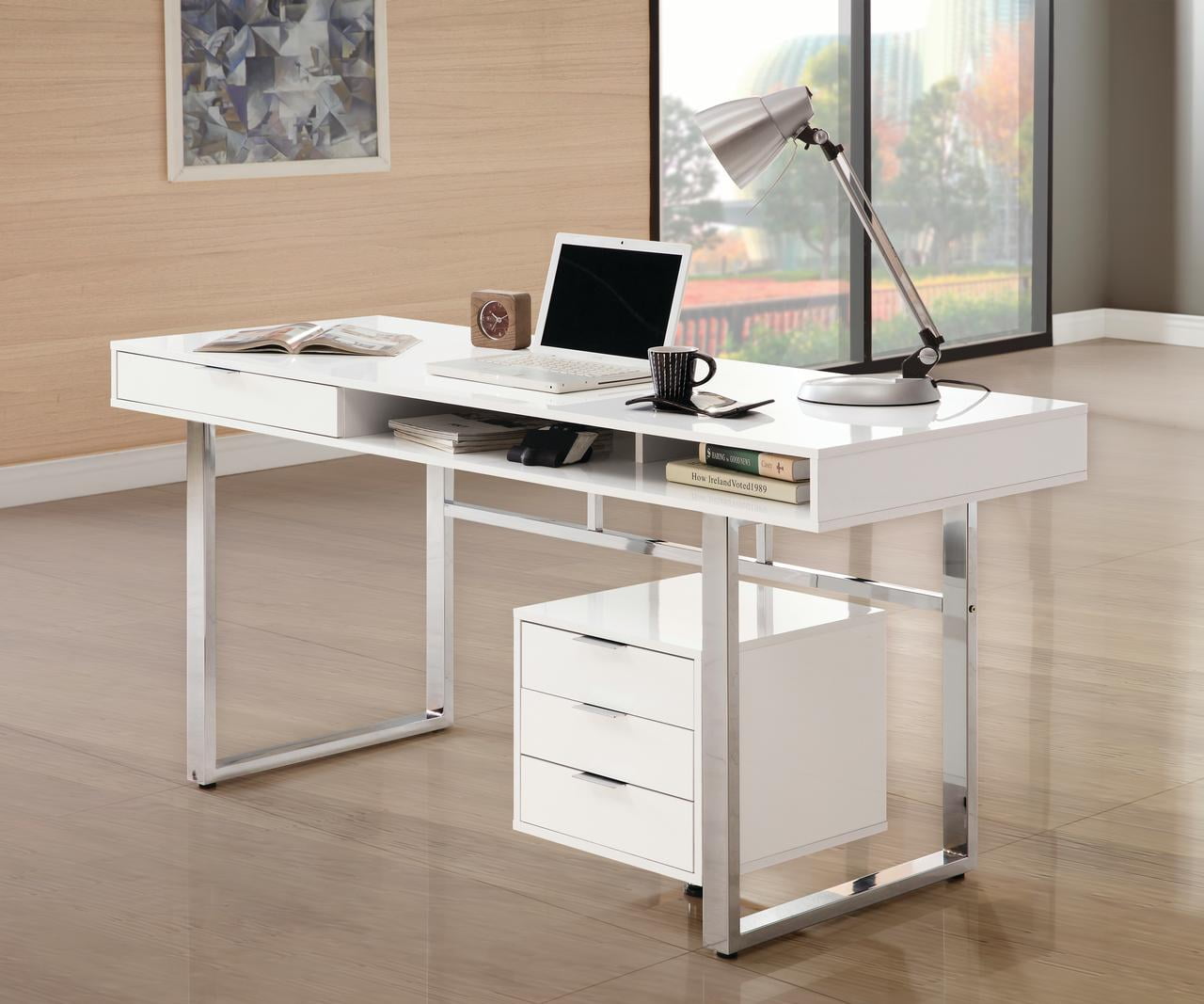 Coaster Contemporary Desk with Cabinet in White 