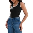 thumbnail image 4 of ATHLECHIC Camisetas de punto acanalado para mujer, con bloque de color, ajustadas, de cuello redondo, chalecos de verano casuales, L, negro y blanco, 4 of 5