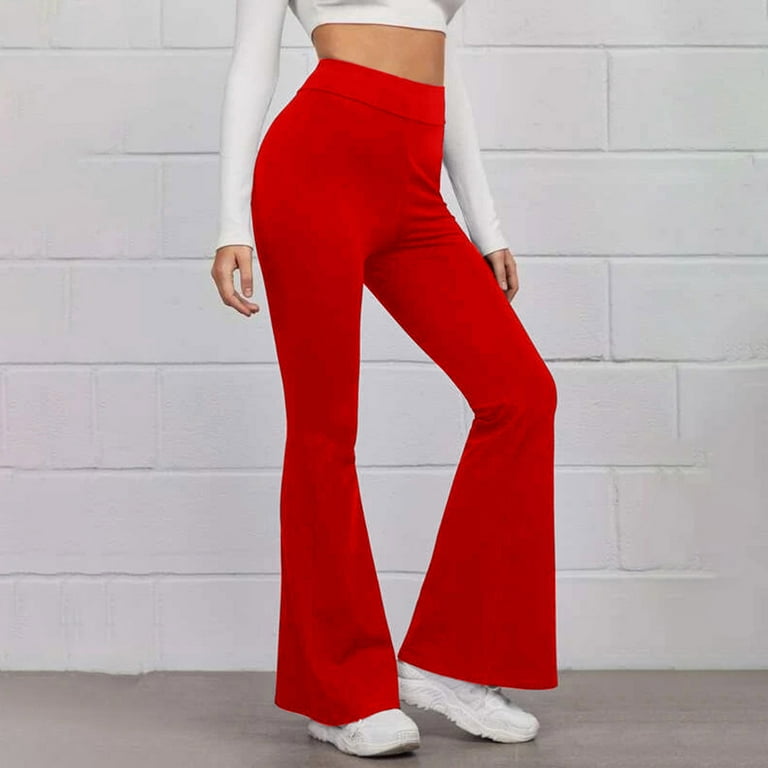 Long Yoga Pants for Women Tall Solid Color Flare Elastic High Waist Wrokout  Gym Pants Soft Athletic Plus Leggings(Red,L) 
