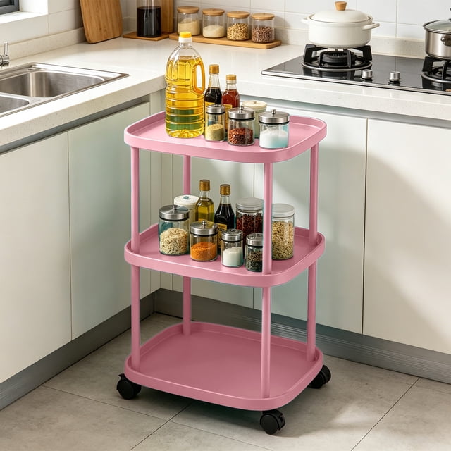ZZkhGO Table d'Appoint Mobile Roulant avec Roues, Chariot de Rangement Mince et Étroit avec Roulettes Verrouillables, Chariot de Chevet à Tablette Roulant Léger pour Chambre, Salon, Canapé, Rose