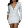 thumbnail image 3 of Efsteb Sequin Bodycon Dresses for Women Ruched Long Sleeve V Neck Hip Dress Formal Cocktail Dresses (White,XL), 3 of 5