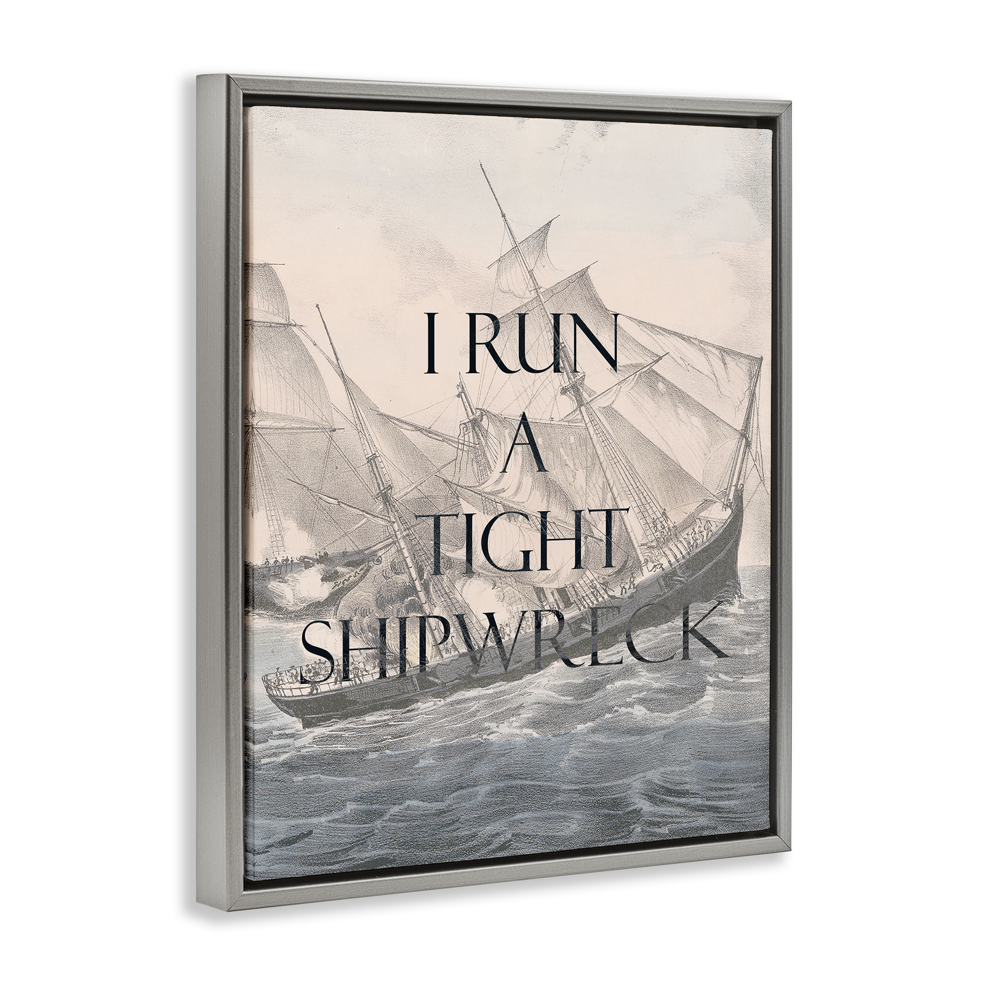 Stupell Industries Run A Tight Shipwreck Nautical & Beach Painting Gray Floater Framed Canvas Art Print Wall Art, 25 x 31
