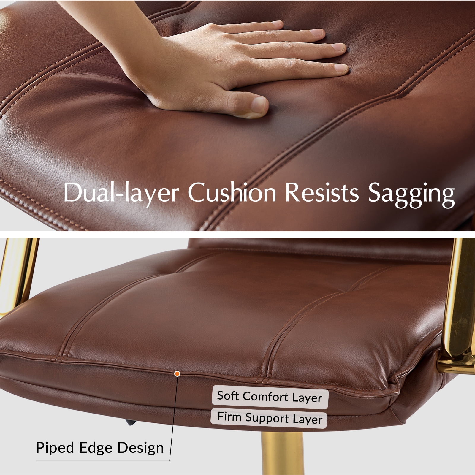 Faux Leather Office Chair Adjustable Swivel Desk Chair with Golden Legs and Arms Upholstered, Brown