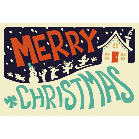 Merry Christmas House, Retro Christmas (12x18 Wall Art Poster, Room Decor)
