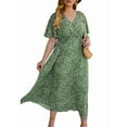 thumbnail image 3 of Women'S Plus Size Wrap V Neck Short Sleeve Ruffle Hem A Line Short Dress Green XXL, 3 of 9