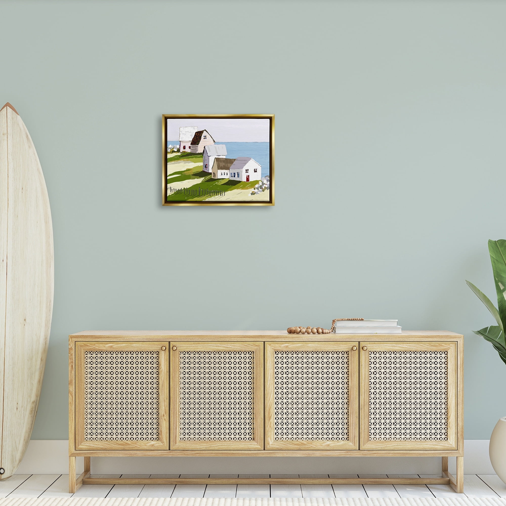 Stupell Industries Quaint Seaside Cottages Overlooking Vast Ocean Landscape Graphic Art Metallic Gold Floating Framed Canvas Print Wall Art, Design by Tina Finn