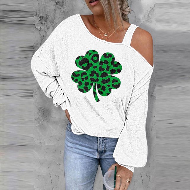 Chandail pour Femmes Mode Chandail Imprimé de la Saint-Patrick pour Femmes Chandail à Épaules Dénudées T-Shirt Graphique à Manches Longues Chandail à Enfiler Hauts